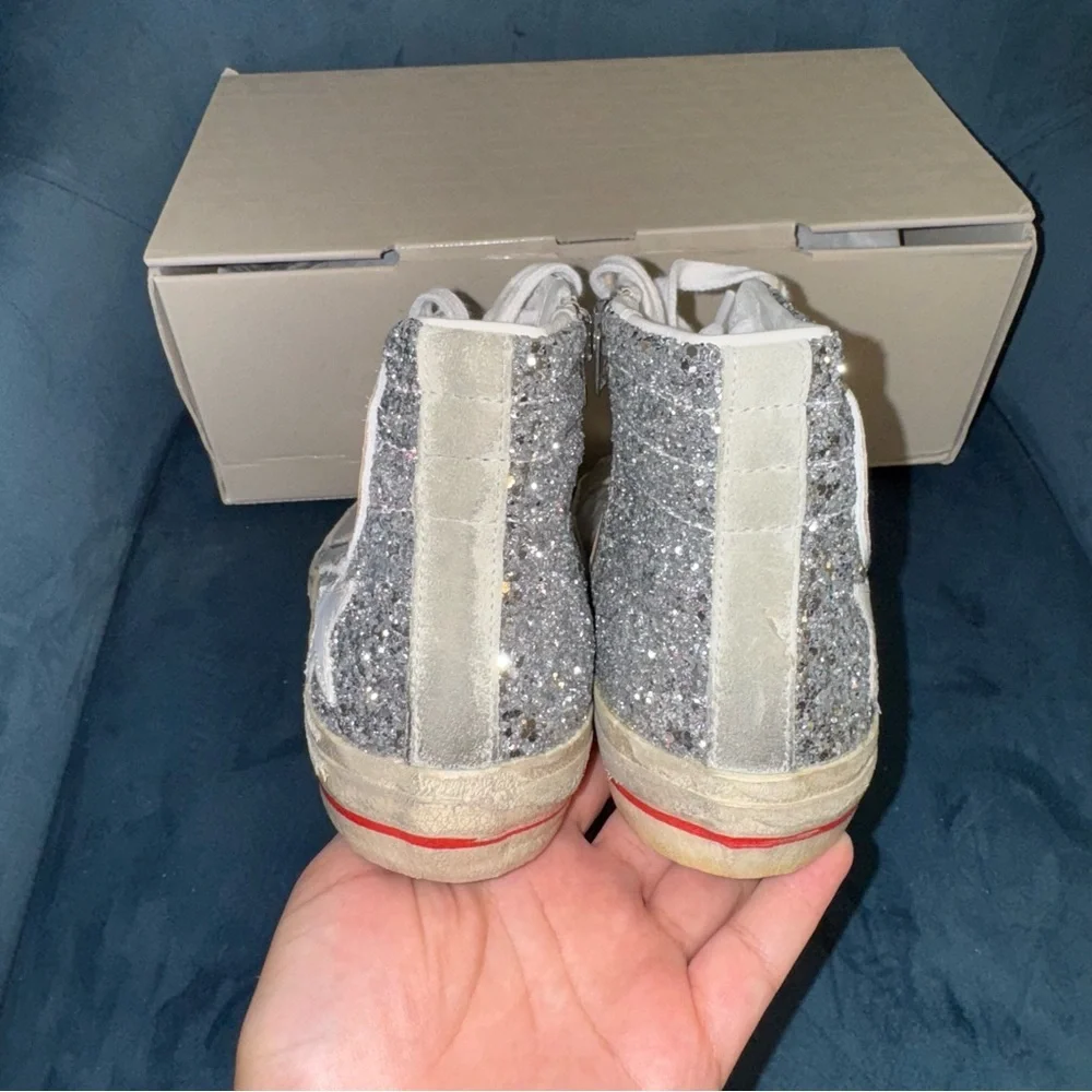 New Size 36 Golden Goose Slide Glitter High Top Sneakers Silver Ice White